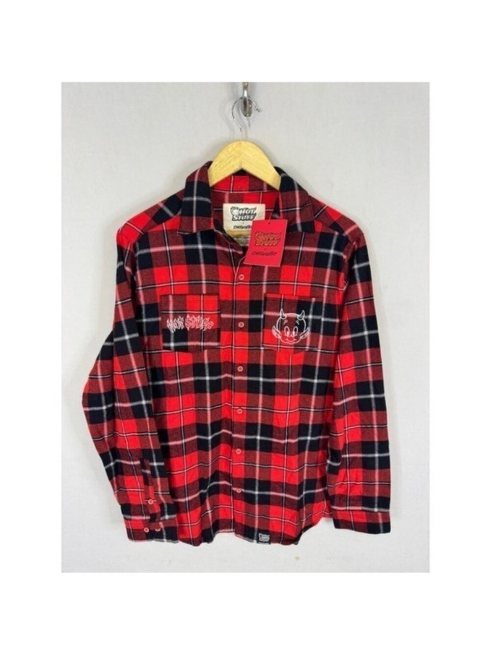 Cakeworthy Hot Stuff The Little Devil Plaid Flannel Shirt Red Black Mens M NEW